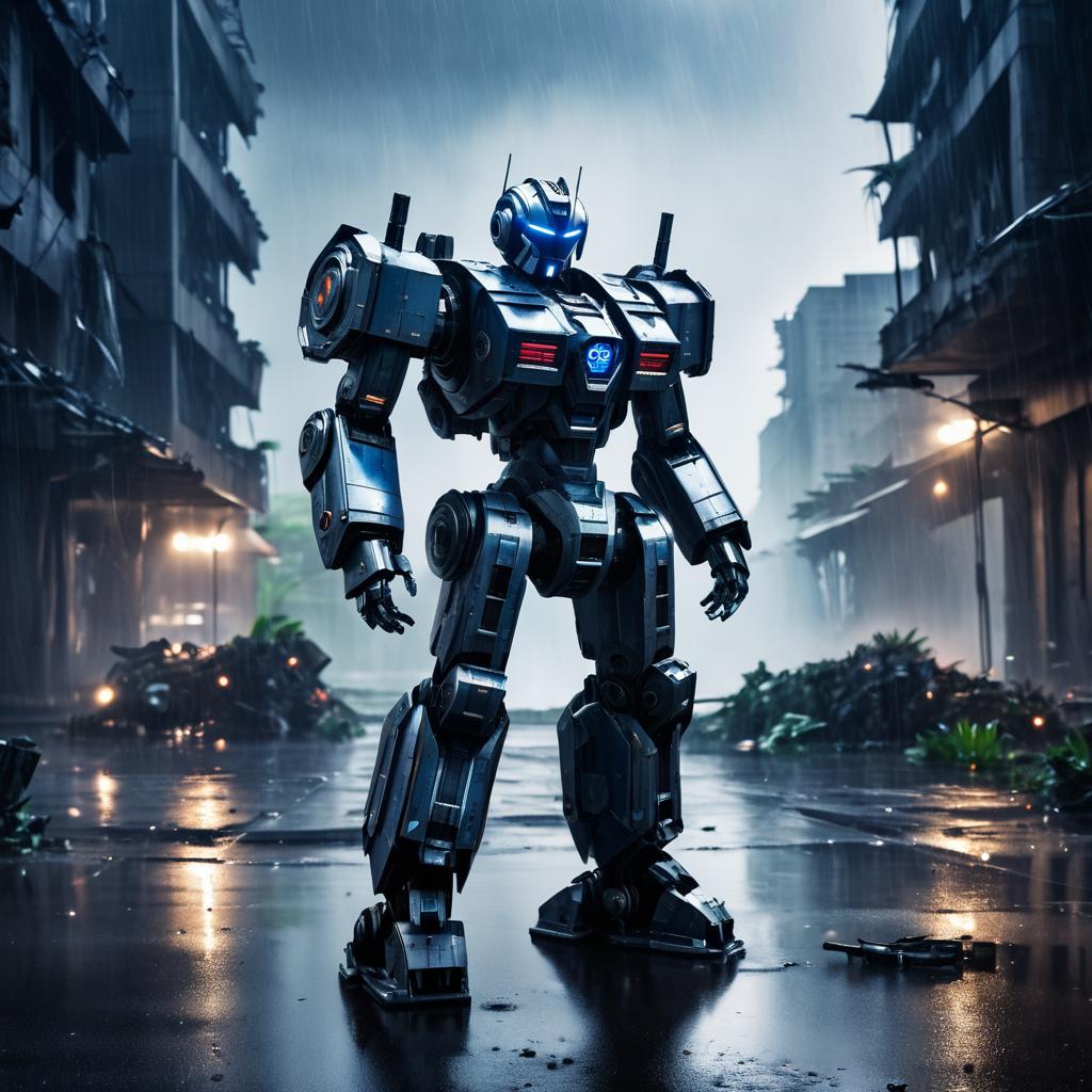 Dramatic Robot in Rain-Soaked Metropolis