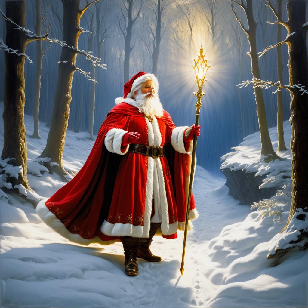 Santa Claus Bard in Snowy Fantasy Forest