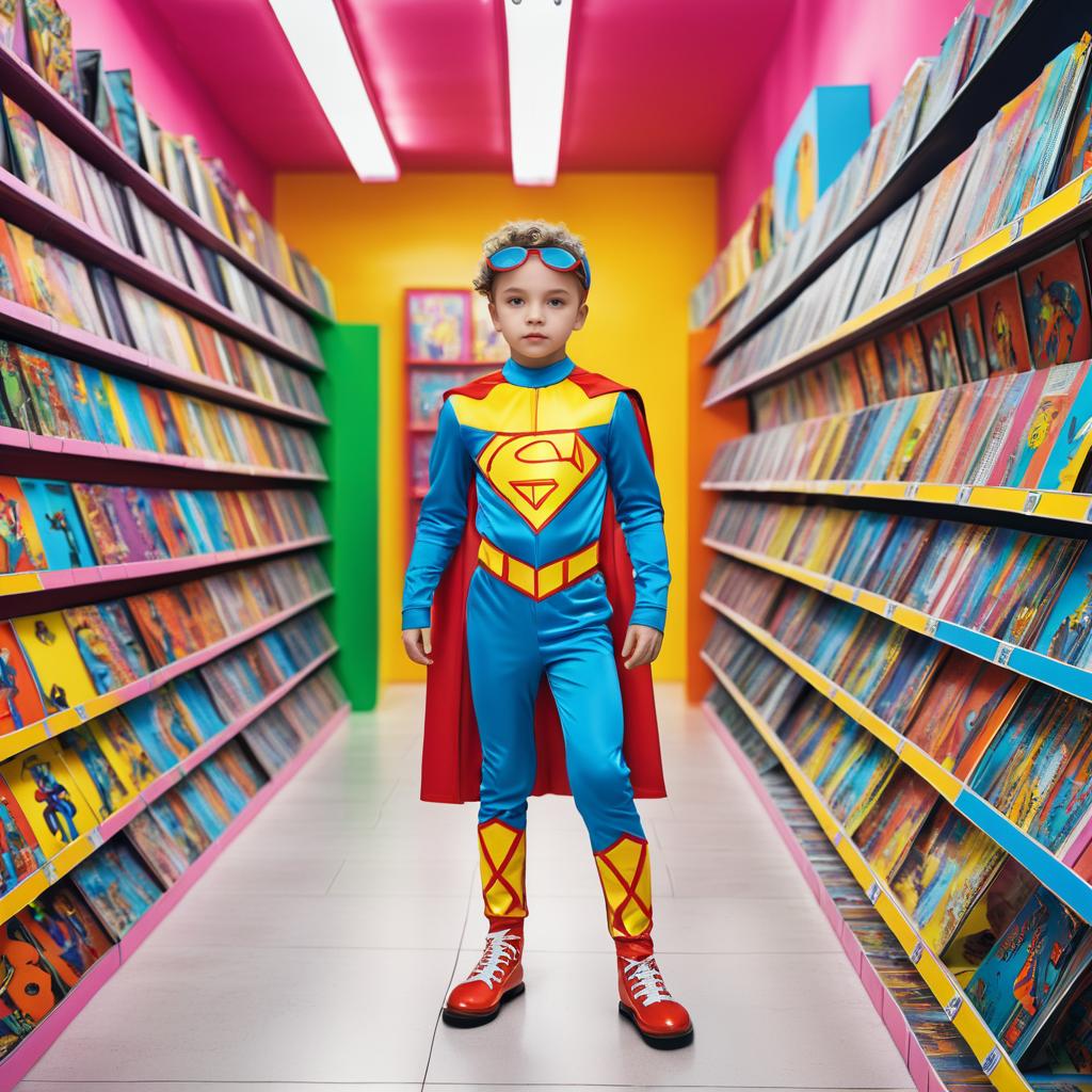 Playful Fashion: Superhero Boy in Comic Store