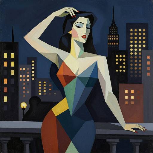 Cubist Jazz Singer Against Neon Cityscape