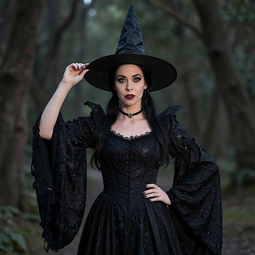 Photograph of a pale-skinned woman with dark makeup, wearing a black lace dress and witch hat, standing in a forest.