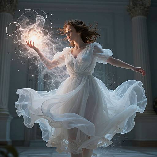 Photograph of a woman in a flowing white dress conjuring magical light and energy in a grand, dimly-lit hall with columns.