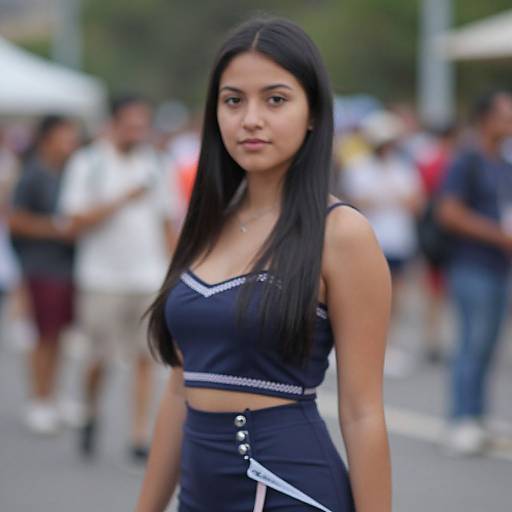 Photograph of a young Latina woman with long black hair, wearing a black crop top and high-waisted skirt, standing in a blurred, crowded