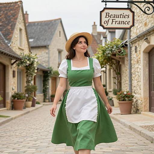 Photograph of a curvy woman with fair skin and dark brown hair, wearing a green dress with white apron, and straw hat, walking down