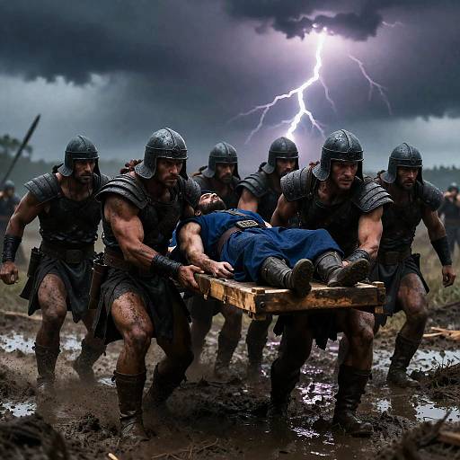 Warriors in Dark Armor on Stormy Battlefield