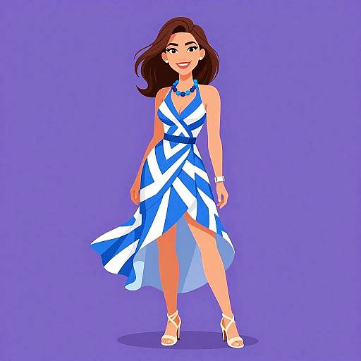 Digital illustration of a smiling woman with brown hair, wearing a blue and white geometric dress, white heels, and blue necklace, against a purple background.