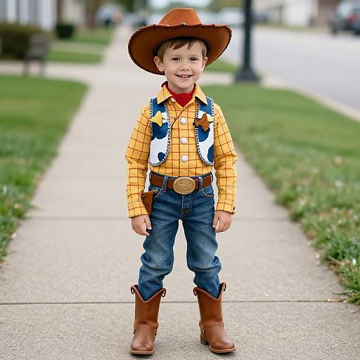 Boy in Cowboy Outfit on Sidewalk