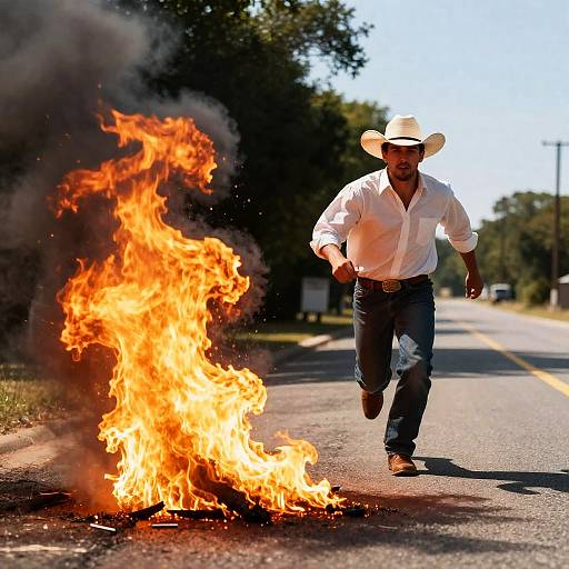 Urgent Escape: Man and Erupting Flames