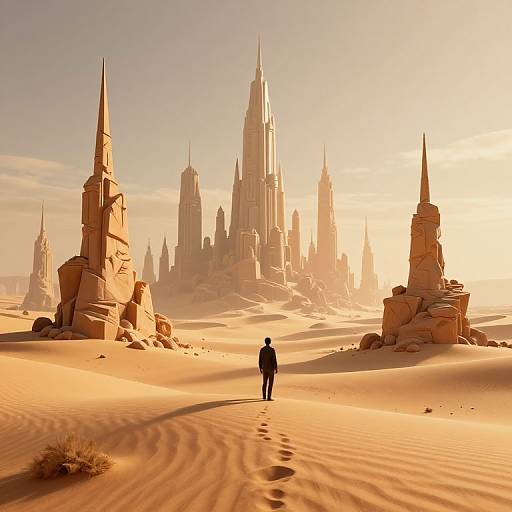 Photograph of a lone figure standing in a sunlit, golden desert, with towering, futuristic spires in the distant background.