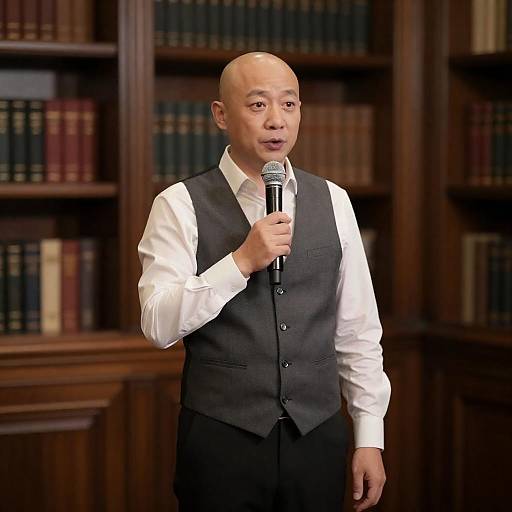 Man Speaking in Library with Microphone