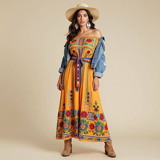 Photograph of a woman in a vibrant yellow, floral-patterned off-shoulder dress with blue denim jacket, straw hat, and brown boots.