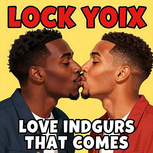 Digital artwork of two Black men kissing, yellow background, bold red and white text 