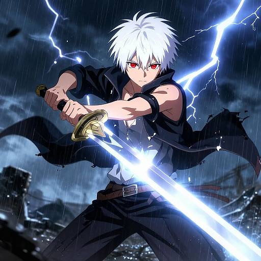 Anime-style illustration of a white-haired, red-eyed male warrior with glowing blue lightning sword, black coat, and intense expression, set against a stormy