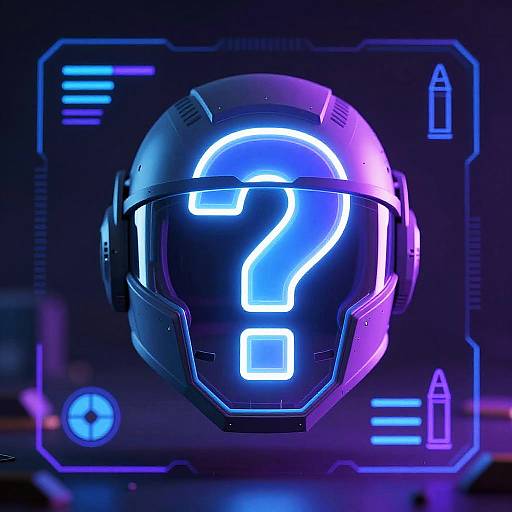 Digital CGI image of a futuristic blue and purple neon-lit helmet with a glowing question mark on the visor. Background features neon icons and a dark
