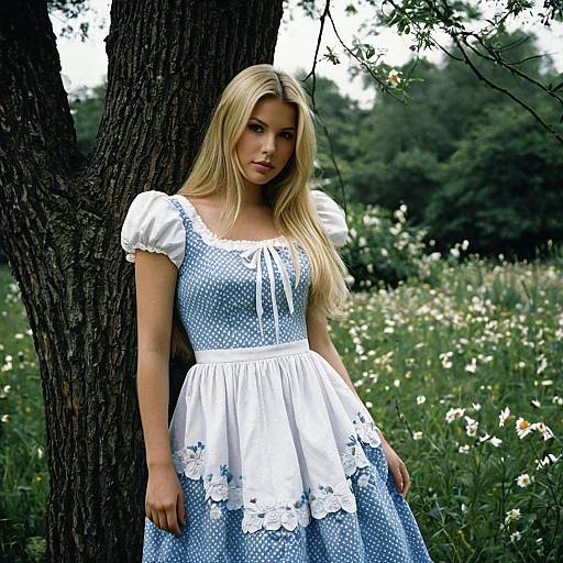 Blonde Woman in Blue Maid Dress Outdoors