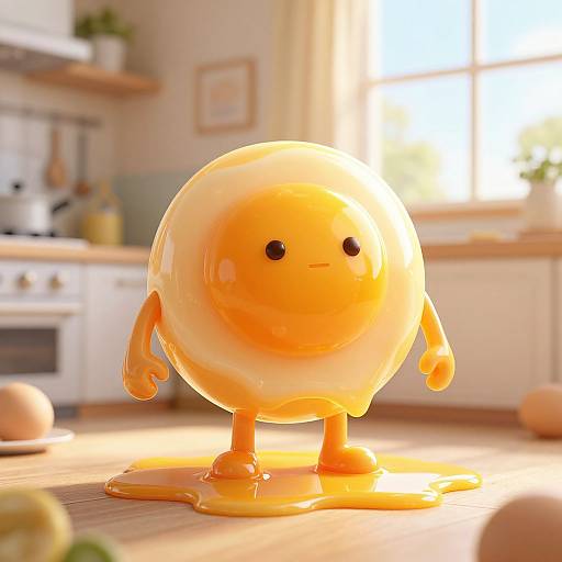 Photorealistic CGI of a shiny, orange, jelly-like character with small black eyes and arms, standing on a kitchen countertop, with sunlight streaming