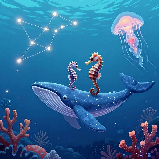 Digital illustration of a blue whale with two seahorses, a jellyfish, and coral, under a starry ocean night sky.