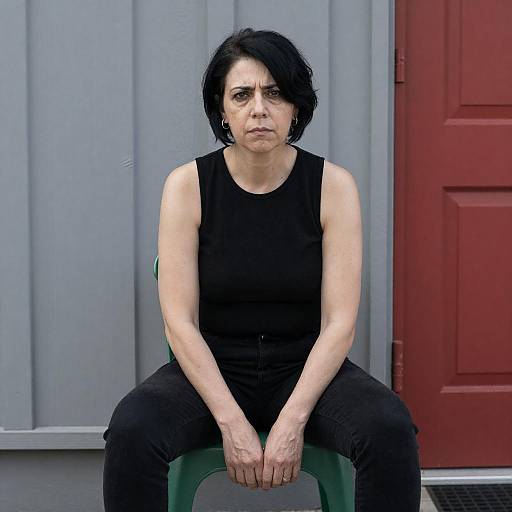 Serious Woman on Green Chair Portrait