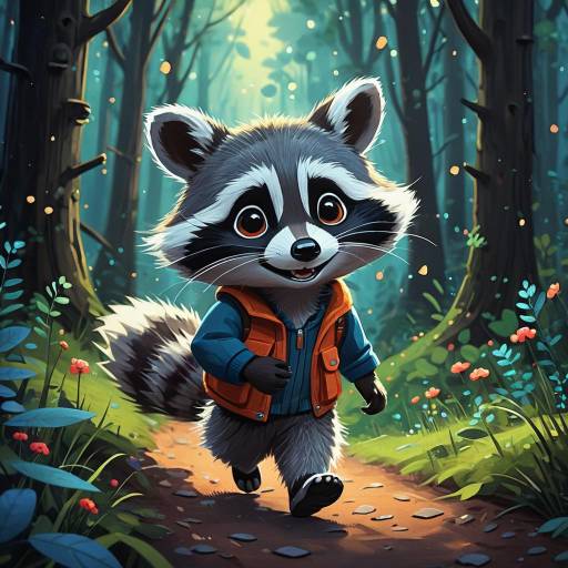 Cute Cartoon Raccoon Walking in Enchanted Forest