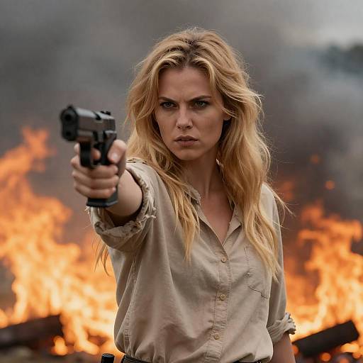 Fierce Woman Amidst Fiery Chaos