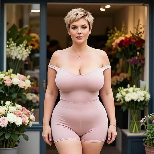 Photograph of a curvy woman with short blonde hair in a pale pink off-shoulder romper, standing in front of a flower shop with