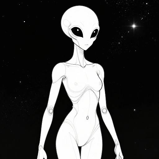 Black-and-white digital drawing of a sleek, alien-like humanoid with large, black eyes and smooth, featureless skin, standing in a starry space