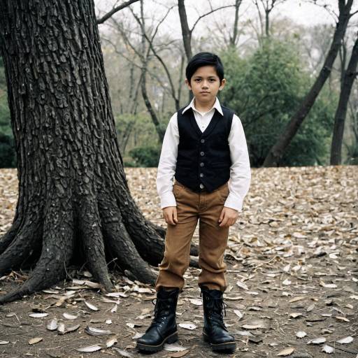 Boy in Vintage Outfit Standing by Tree