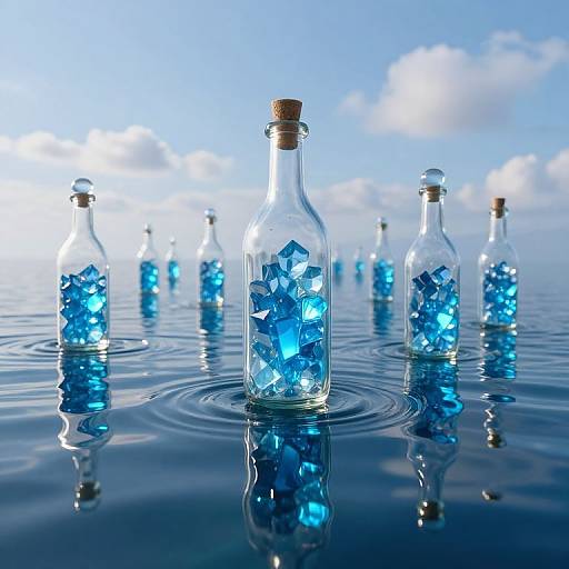 Photograph of clear glass bottles filled with glowing blue crystals, floating on a reflective blue water surface under a bright, cloudy sky.