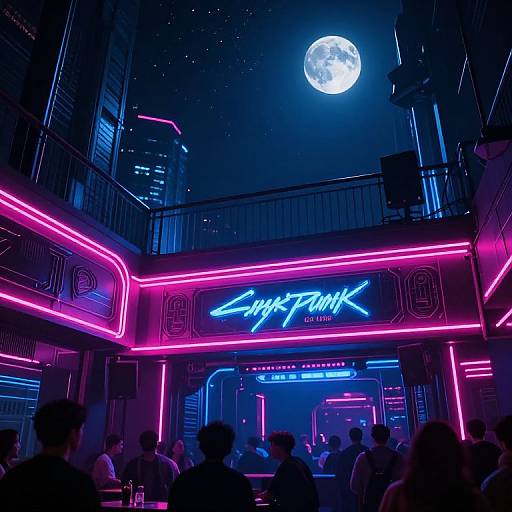 Neon-lit nightclub scene under a full moon, with vibrant pink and blue neon signs, crowded patrons, and futuristic skyscrapers. Photoreal