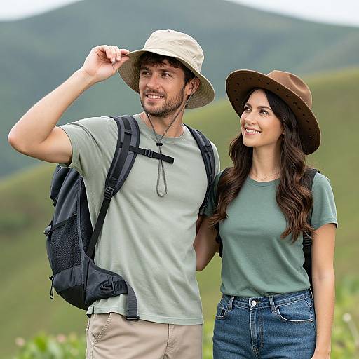 Photograph of a smiling couple hiking; man in green shirt, beige hat, black backpack; woman in teal shirt, brown hat, blue jeans,