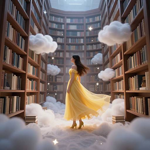Photograph of a woman in a flowing yellow dress, standing amidst floating clouds, surrounded by bookshelves in a library.