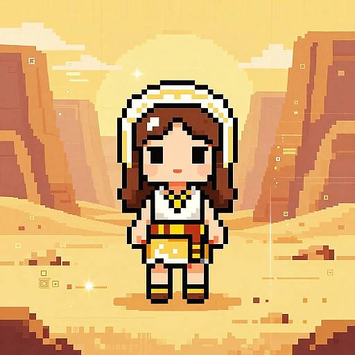 Pixel art of a cute, brown-haired girl in a white hat, yellow and orange outfit, standing in a vibrant desert landscape.