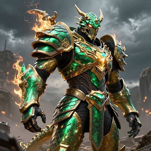 Digital art of a powerful, armored dragon warrior with glowing green and gold plate, fiery accents, and menacing horns, standing in a stormy, ruined