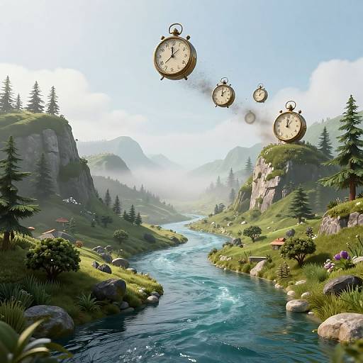 Digital artwork of a serene mountain river valley with lush greenery, pine trees, and five floating vintage pocket watches with ticking hands, emitting a faint smoke