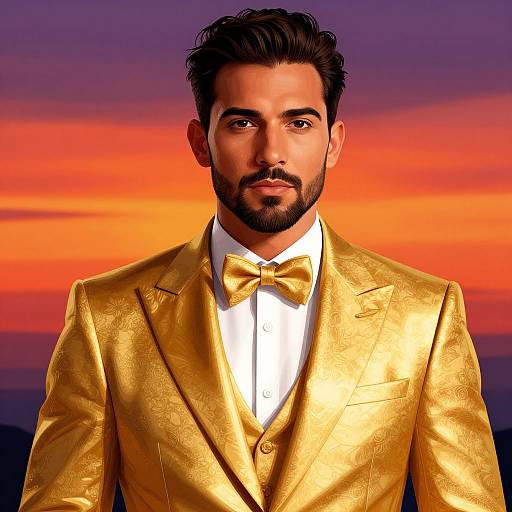 Photorealistic digital portrait of a bearded man with dark hair, wearing a shiny gold suit and bow tie, against a vibrant sunset sky.