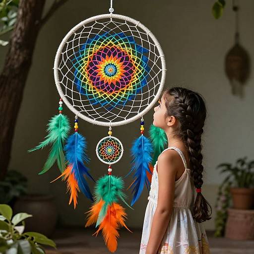 Photograph of a young girl with long braided hair, gazing at a vibrant, rainbow-colored dreamcatcher with blue, green, and orange