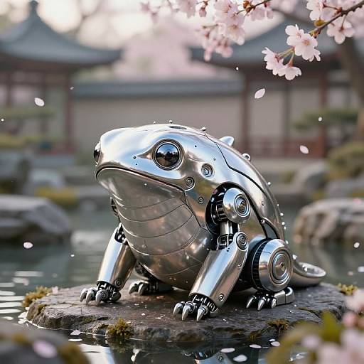 Photograph of a shiny, metallic, robot-like toad sitting on a stone in a serene Japanese garden with cherry blossoms and traditional buildings in the
