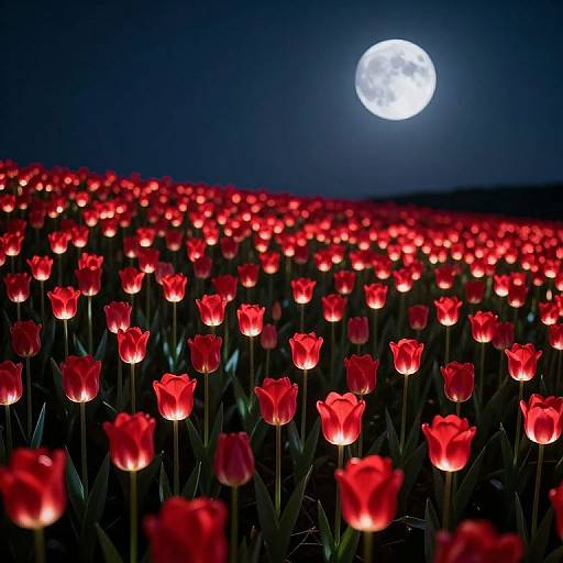 Luminous Tulip Field Under Full Moon