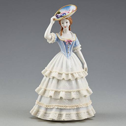 Photorealistic digital doll in blue and white Victorian dress, holding ornate fan with floral design, standing against gray gradient background.