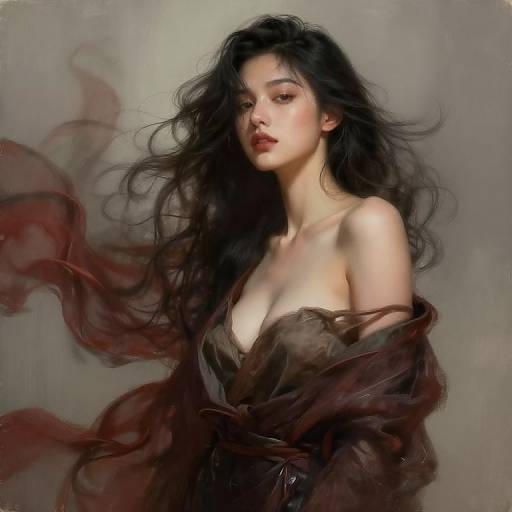 Digital painting of a beautiful Asian woman with long, flowing black hair, red lips, and bare shoulders, draped in a sheer, dark red fabric against