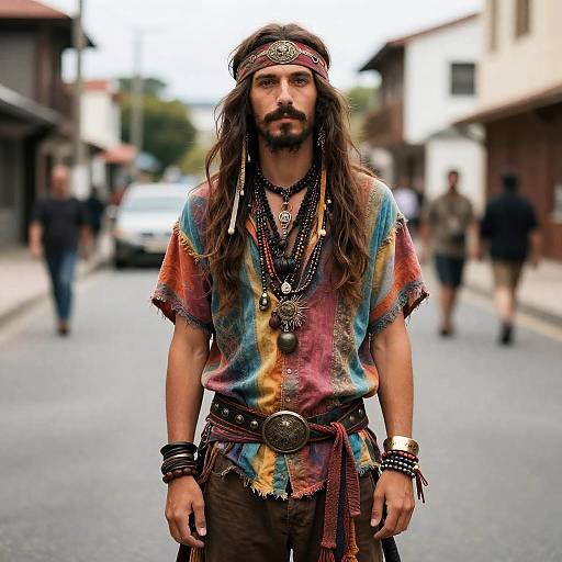 Photograph of a long-haired, bearded man in a colorful tie-dye shirt, headband, and layered necklaces, standing on a street