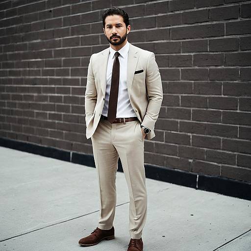 Man in Beige Suit Standing by Brick Wall
