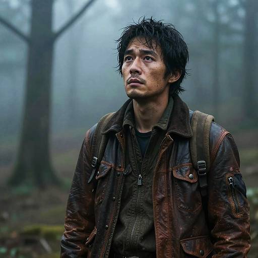 Weary Traveler in Misty Forest