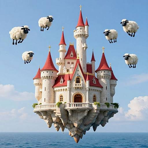 CGI image of a white, red-roofed floating castle with six flying black-and-white sheep in a bright blue sky over the ocean.
