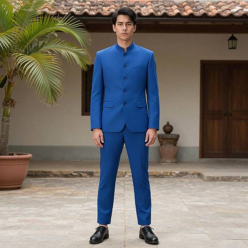 Photograph of an East Asian man in a vibrant blue traditional Chinese suit, standing in a tiled courtyard with a palm tree and rustic building in the background