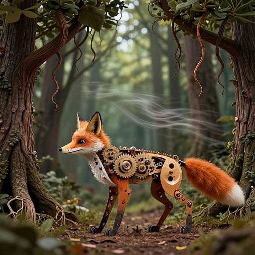 Digital artwork of a fox with gears and cogs in its body, standing in a lush, enchanted forest with smoke wisps.