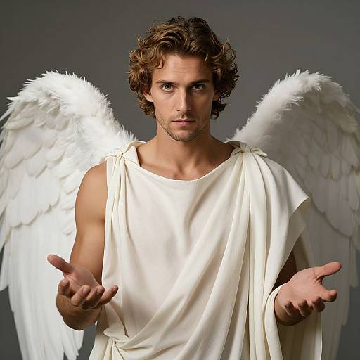 Photograph of a muscular, curly-haired man with white wings and angelic robe, pointing with both hands, serious expression, gray background.