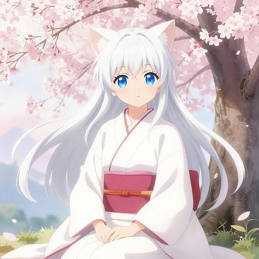 Anime-style digital drawing of a white-haired, blue-eyed girl with cat ears, wearing a white kimono with a pink obi, sitting under cherry