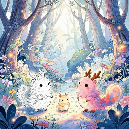 Whimsical forest scene: colored pink and white fluffy creatures, tiny yellow chick, surrounded by vibrant flowers, glowing fireflies, and tall trees.