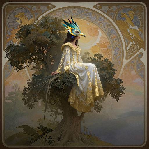 Digital artwork of a regal woman with a blue and yellow feathered headdress, sitting on a tree, wearing a gold-embroidered white